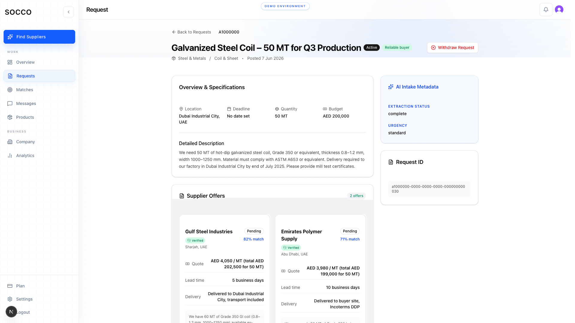 SOCCO RFQ detail showing matched supplier offers with pricing and AI match scores