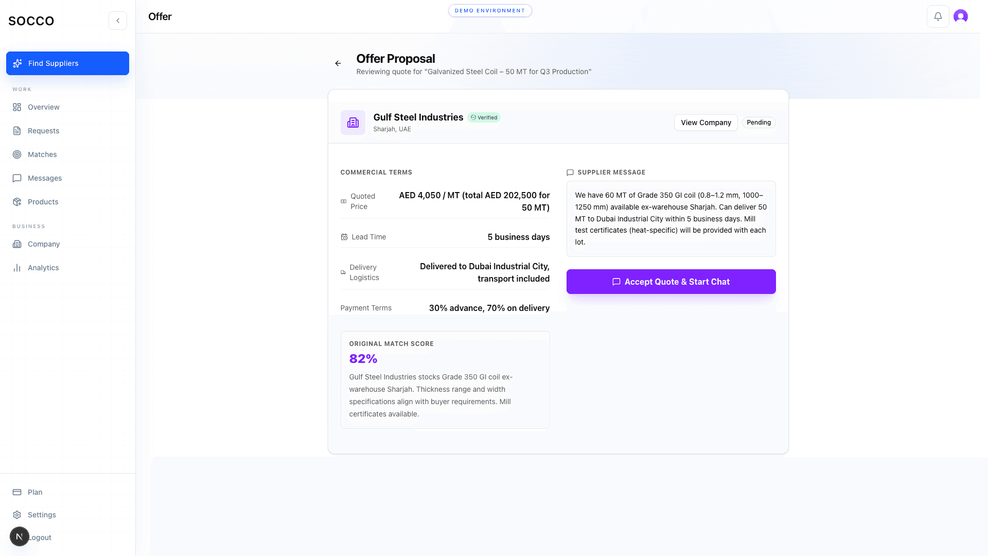SOCCO offer proposal showing AI match score, pricing, lead time, and supplier details
