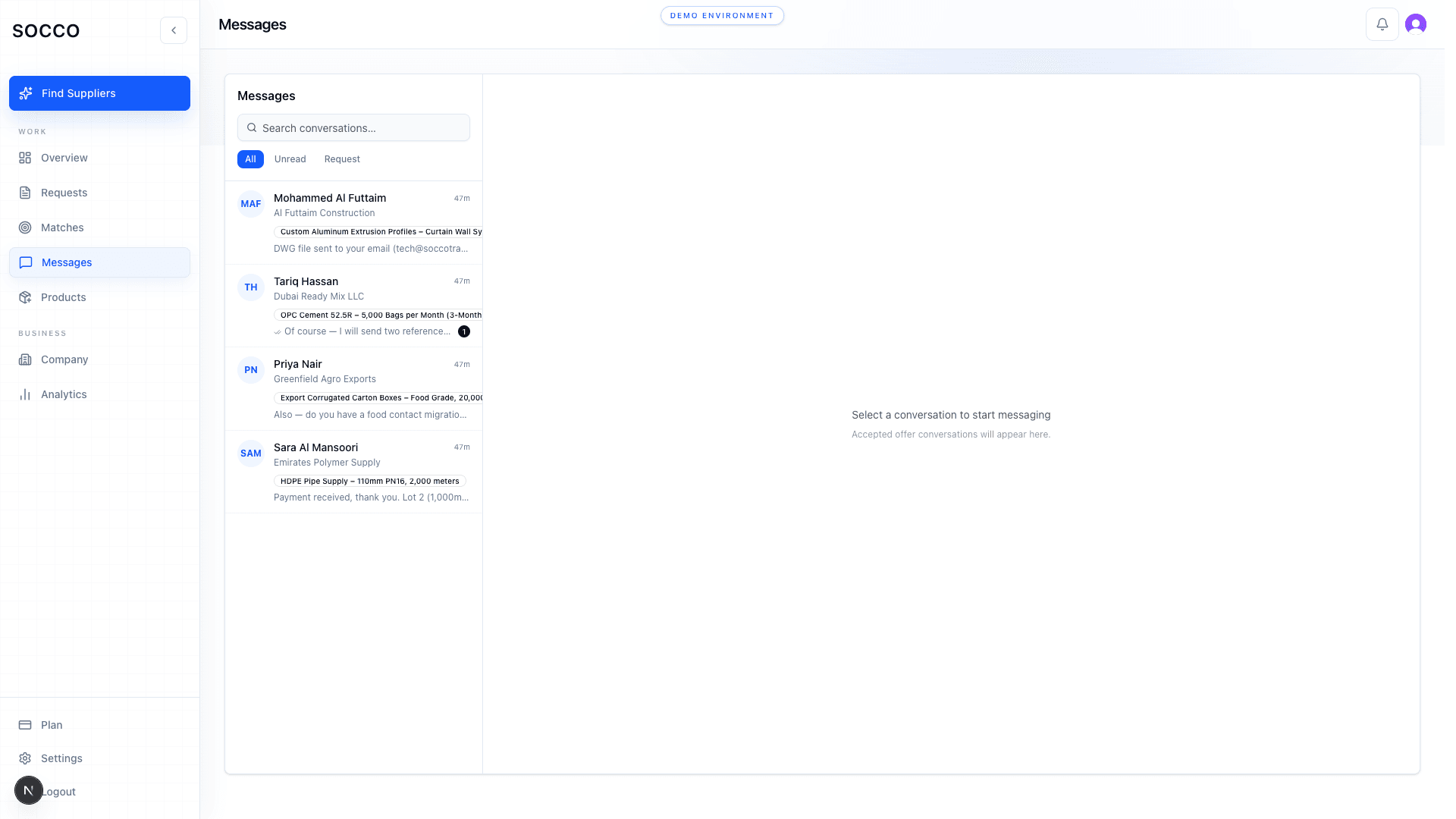 SOCCO messages inbox showing real-time conversations with suppliers